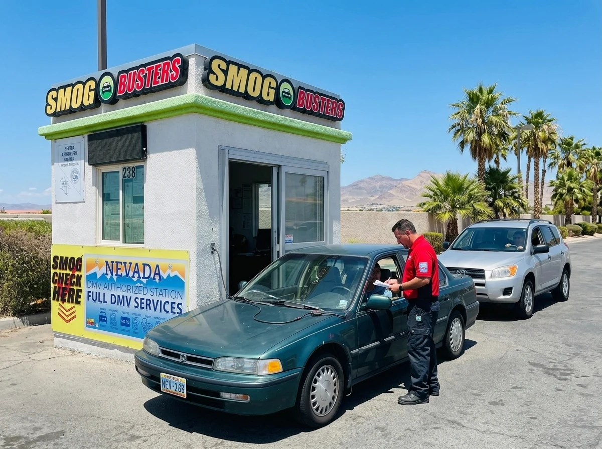 Busy but orderly Smog Busters hut serving multiple customers for Nevada DMV services at once