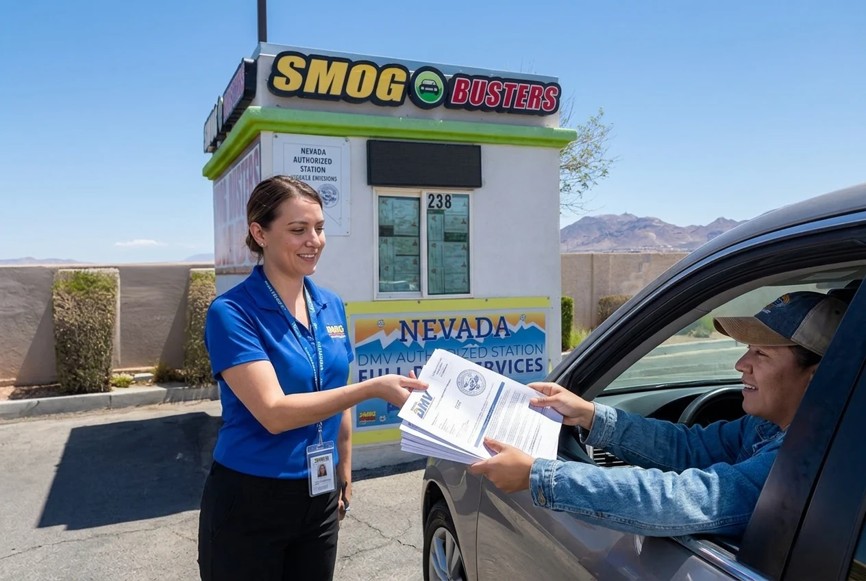 Smog Busters team member handing Nevada DMV paperwork back to a satisfied customer at the hut