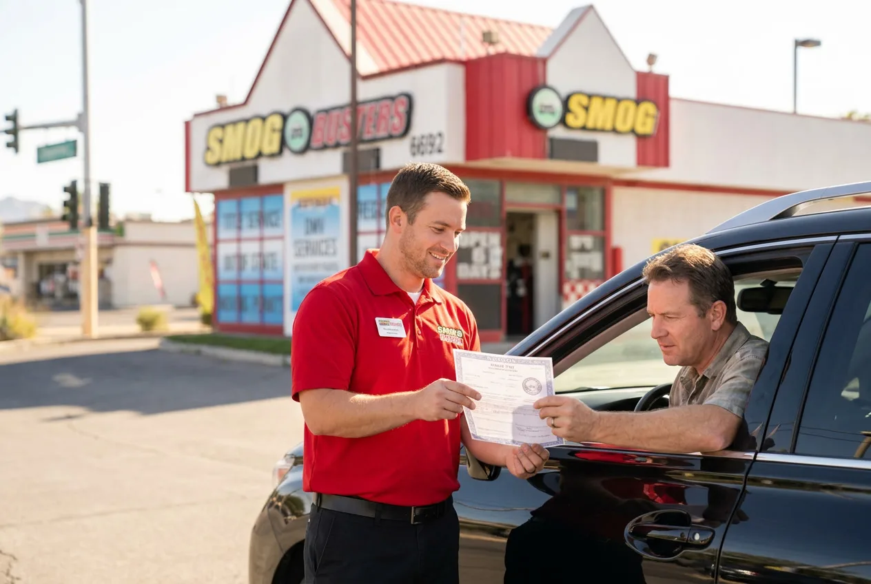 Spanish-speaking technician at the Cheyenne & Rainbow Smog Busters hut helping a customer with DMV paperwork