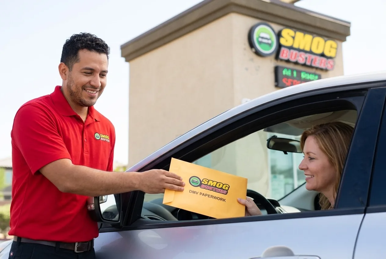 Spanish-speaking technician at the Dean Martin & Cactus Smog Busters hut helping a customer with DMV paperwork