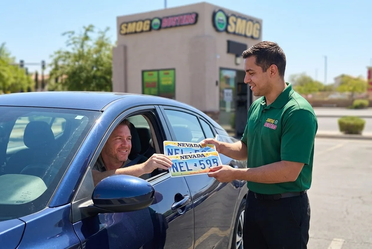 Smog Busters technician at the Decatur & Cactus hut helping a customer with DMV paperwork