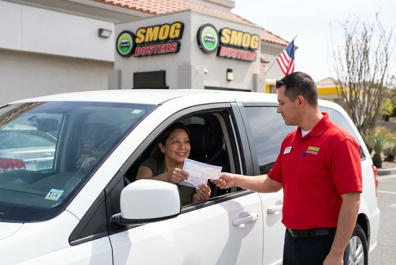Spanish-speaking technician at the Hualapai & Spring Mountain Smog Busters hut helping a customer with DMV paperwork