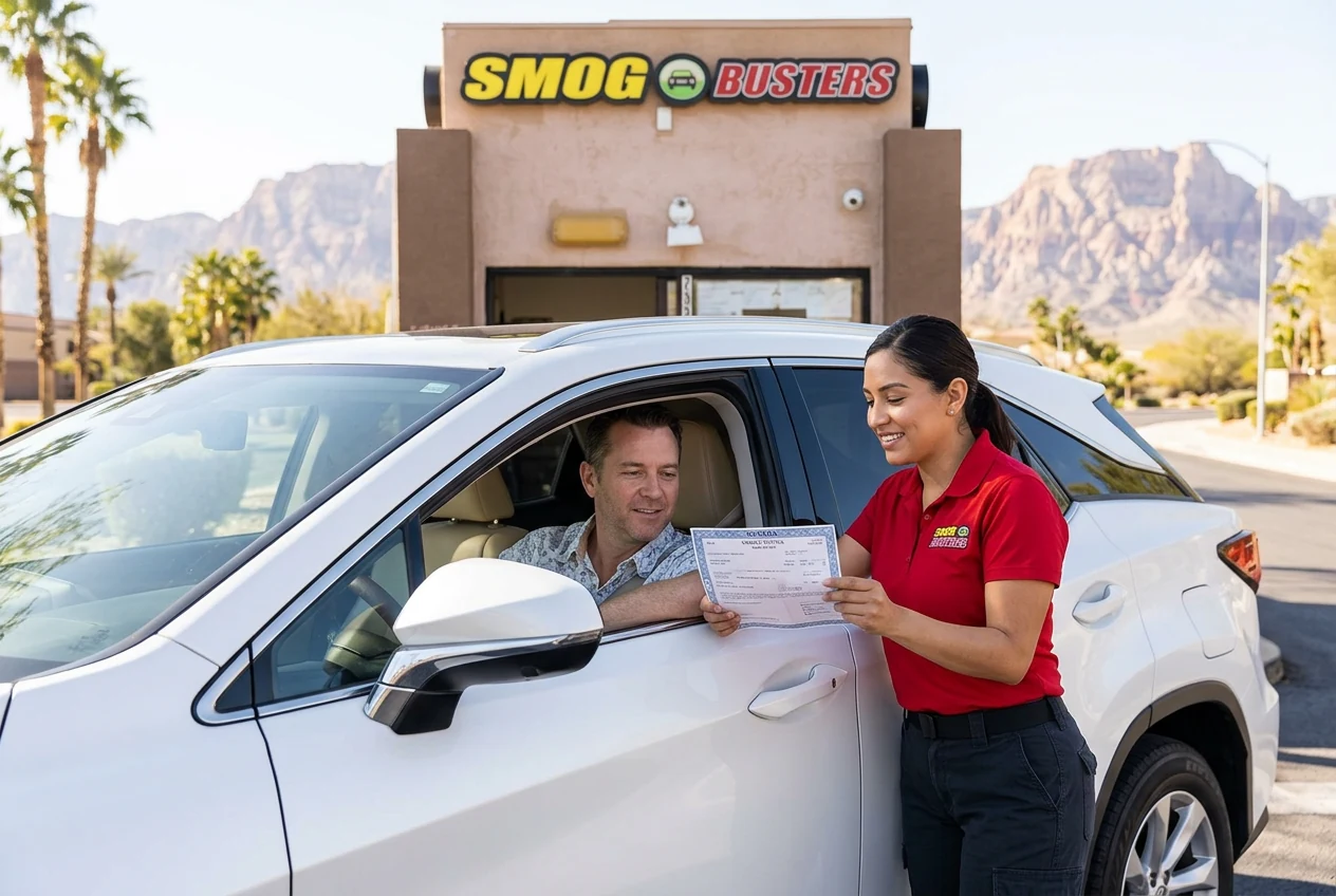 Spanish-speaking technician at the Rancho & Craig Smog Busters hut helping a customer with DMV paperwork
