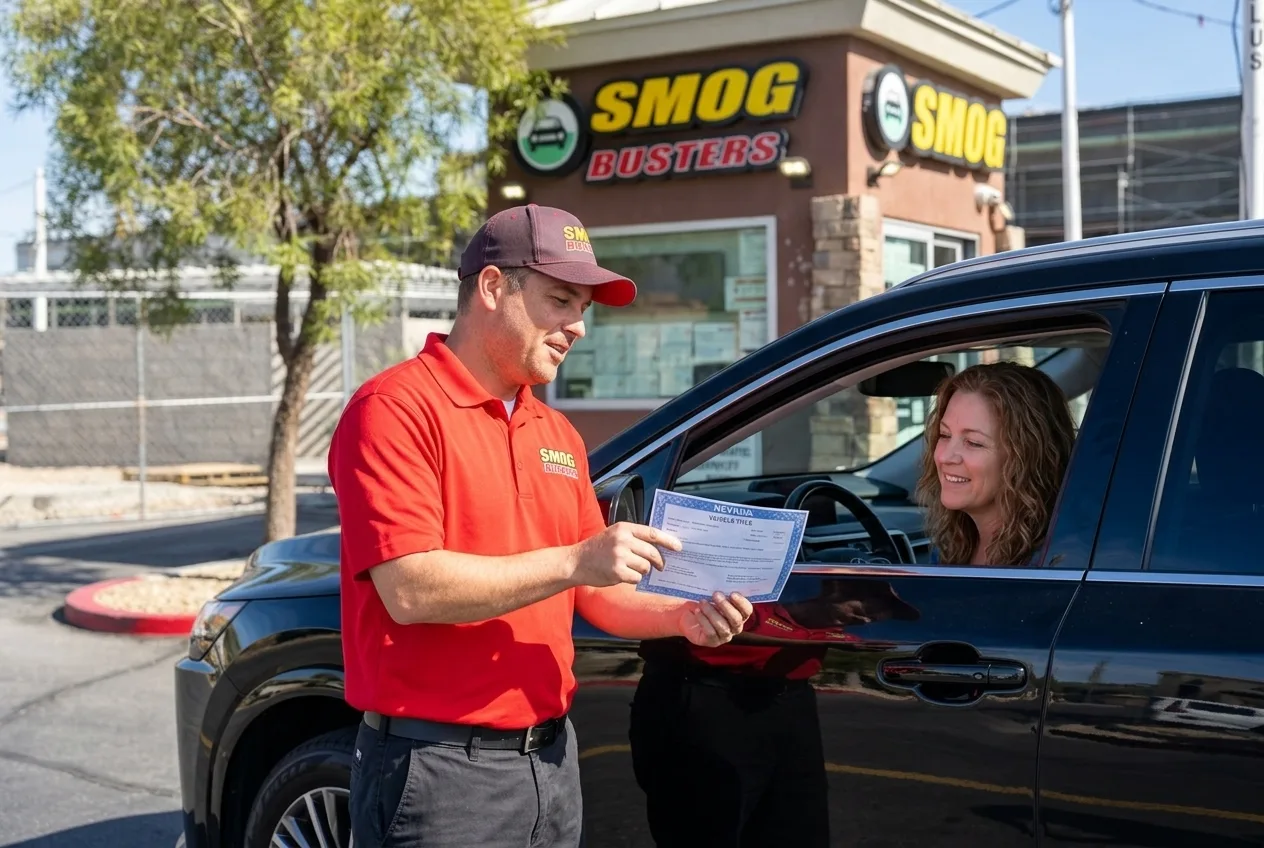 Spanish-speaking technician at the North Durango Smog Busters hut helping a customer with DMV paperwork