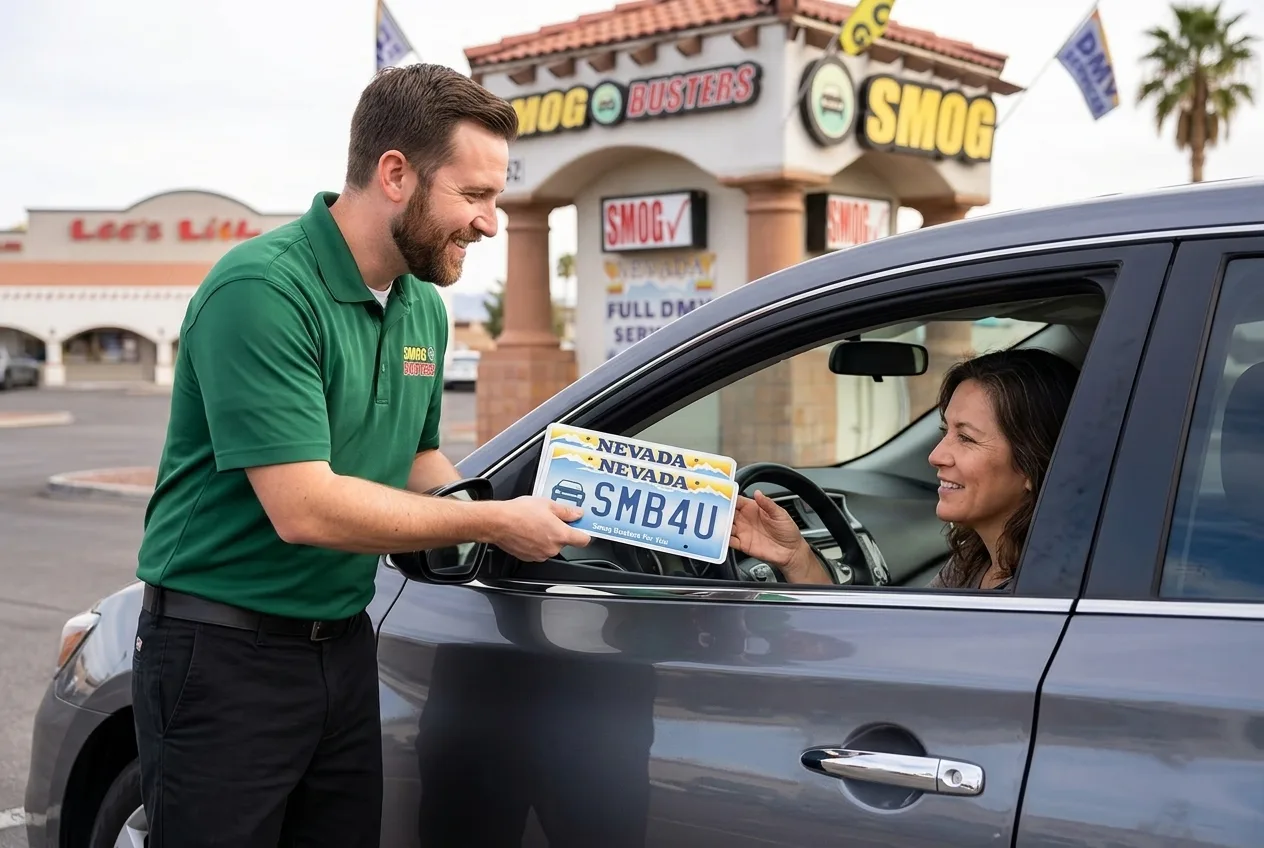Smog Busters technician at the Rainbow & Flamingo hut helping a customer with DMV paperwork