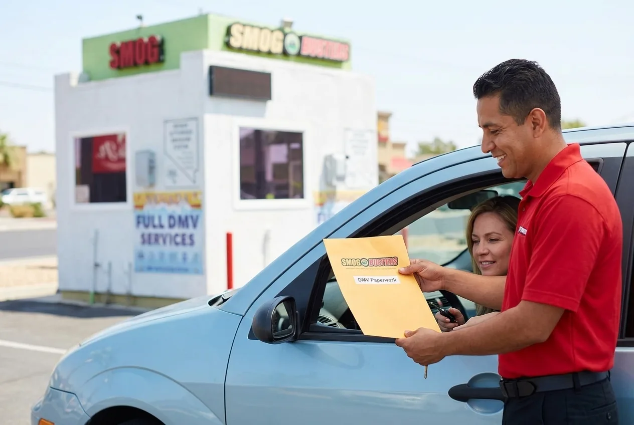 Spanish-speaking technician at the Nellis & Sahara Smog Busters hut helping a customer with DMV paperwork