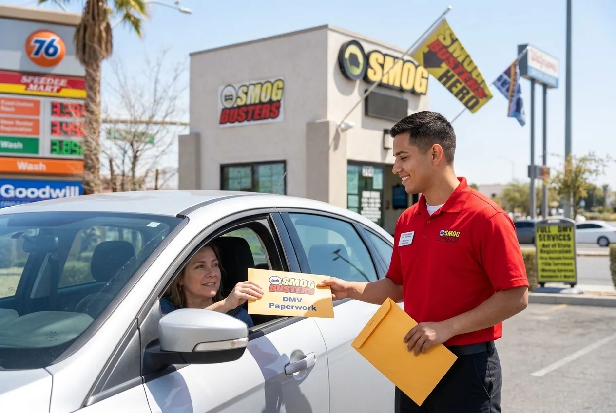 Spanish-speaking technician at the Silverado Ranch & Bermuda Smog Busters hut helping a customer with DMV paperwork