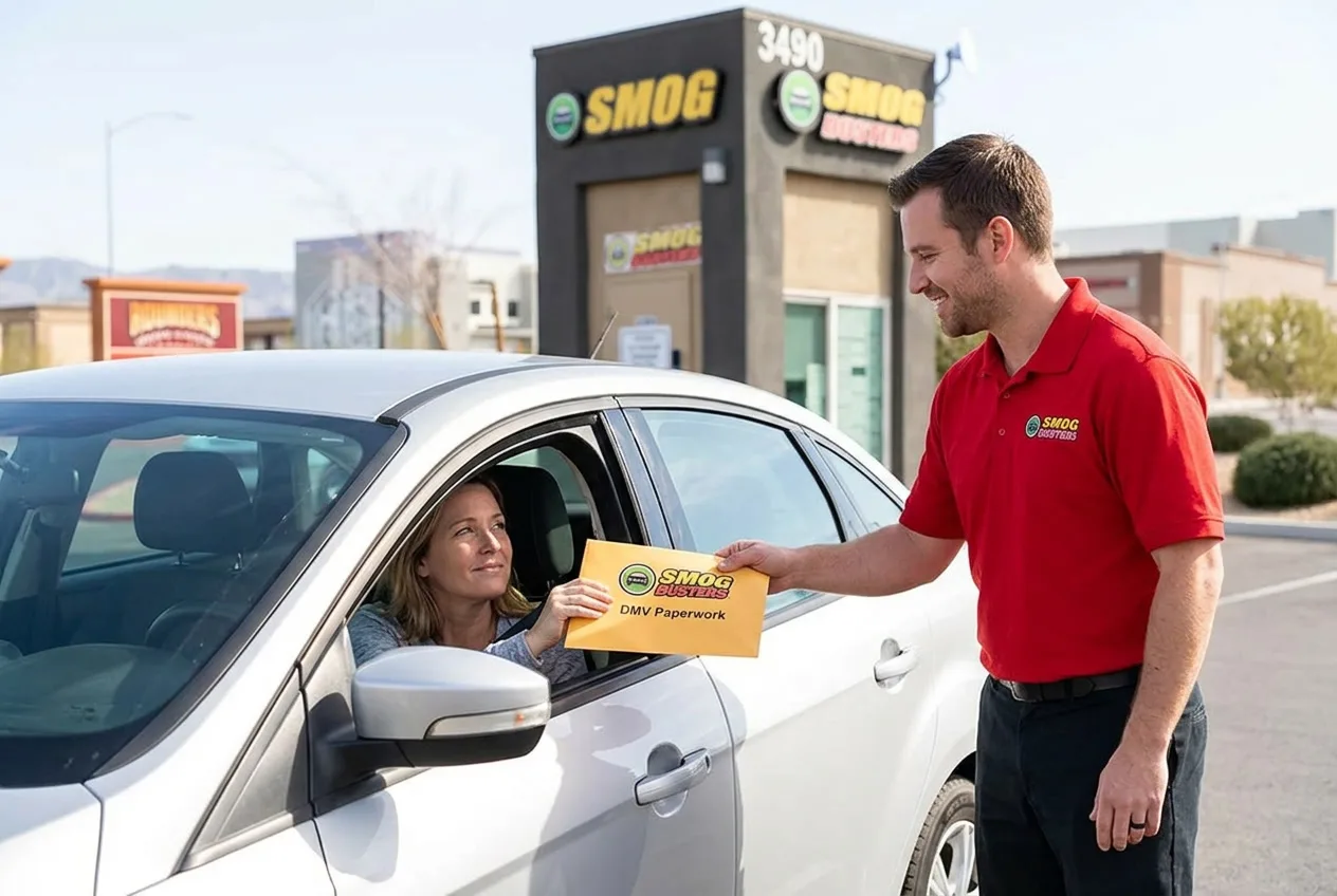 Smog Busters technician at the Volunteer Blvd and Raiders Way hut in Henderson helping a customer with DMV paperwork